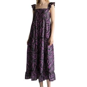 En Saison Size Small Midi Dress Tiger Print Purple Black Sleeveless Tiered